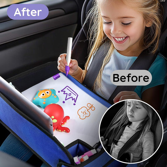 2Pcs Kids Travel Tray, Kids Travel Trays for Car Seat, Road Trip Essentials for Toddler, Carseat Lap Tray with Dry Erase Board & Storage Organizer for Road Trip Activities for Kid, Blue