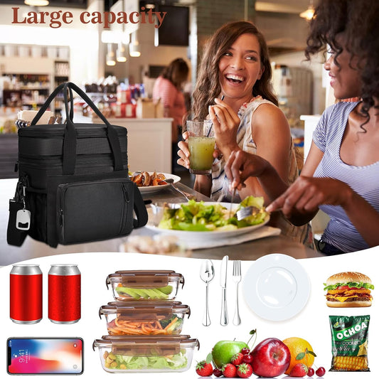 LOKASS Insulated Lunch Box Women & Men Large Adult LunchBag Double-Layer Reusable Lunch Bags Leak-Proof Tote Cooler Bag for Work Picnic Outdoors 16L, Black
