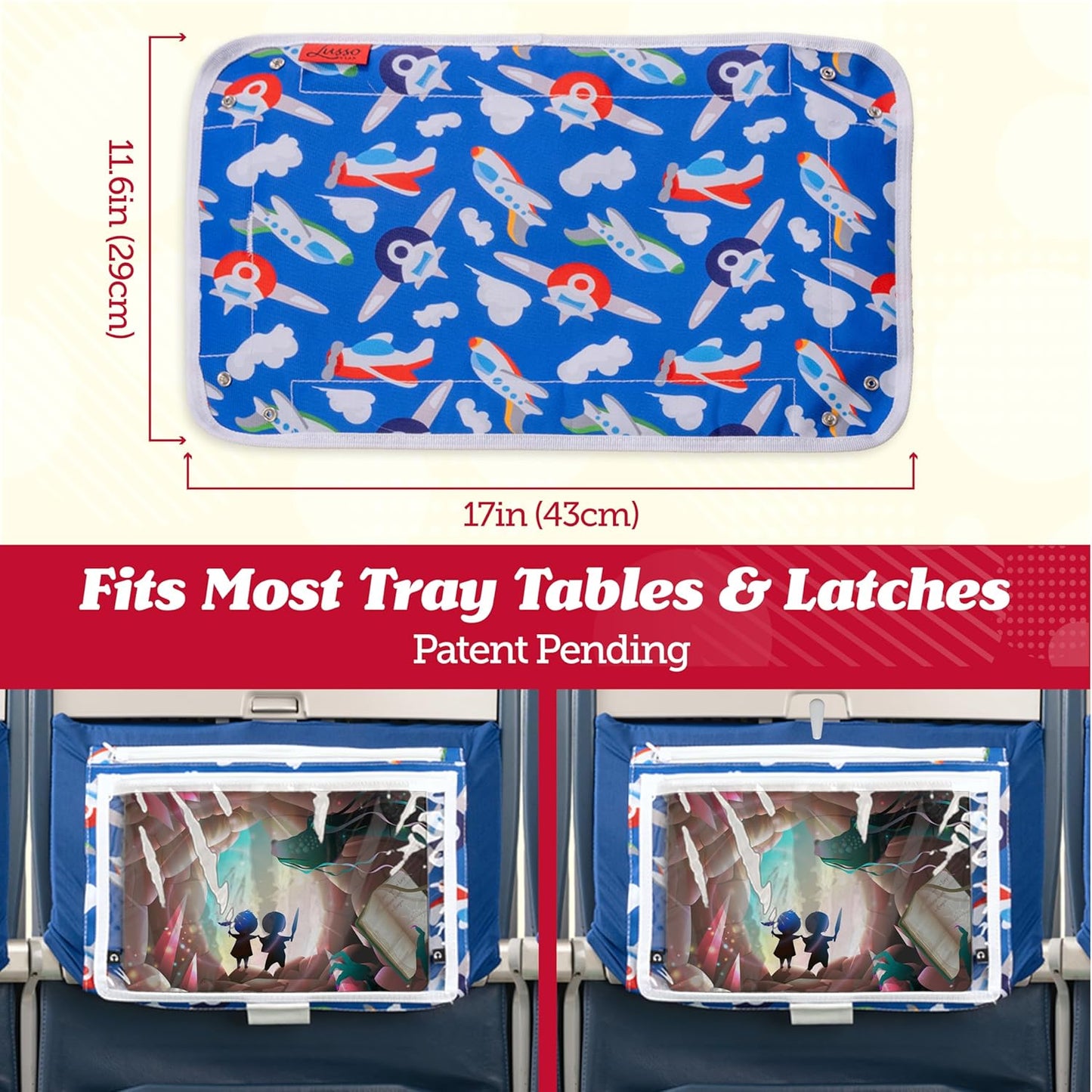 Lusso Gear Kids Airplane Tray Cover with Pockets - Airplane Essentials for Toddlers - Kids Travel Tray for Plane or Train - Organize Toys, Snacks - Tablet Holder - Flying Must Have (Dinos)