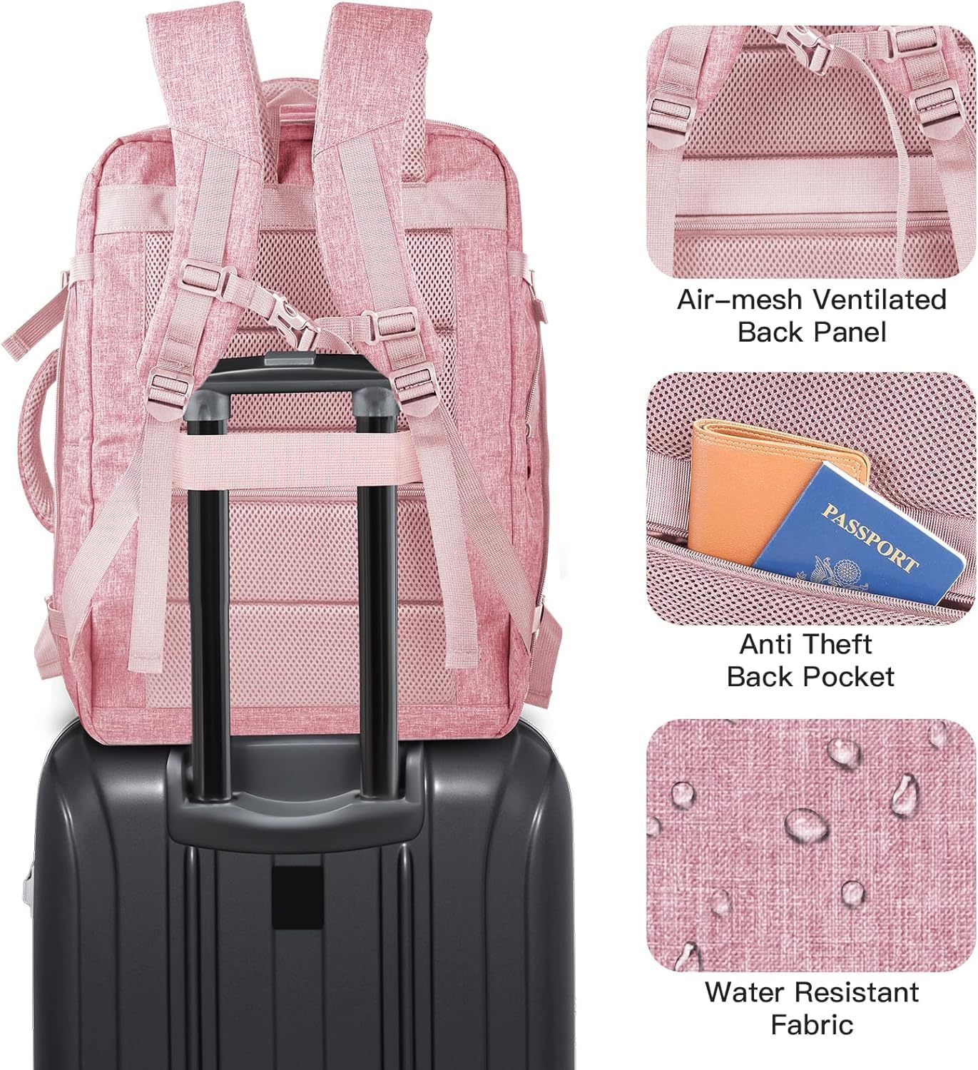 Carry On Backpack, 55L Extra Large Travel Backpack for Men & Women, Expandable Big Capacity For Airplanes, Travel Gifts for Men Women, Fits 18.4 Inch Laptop, Luggage Suitcase Daypack Bag, Pink