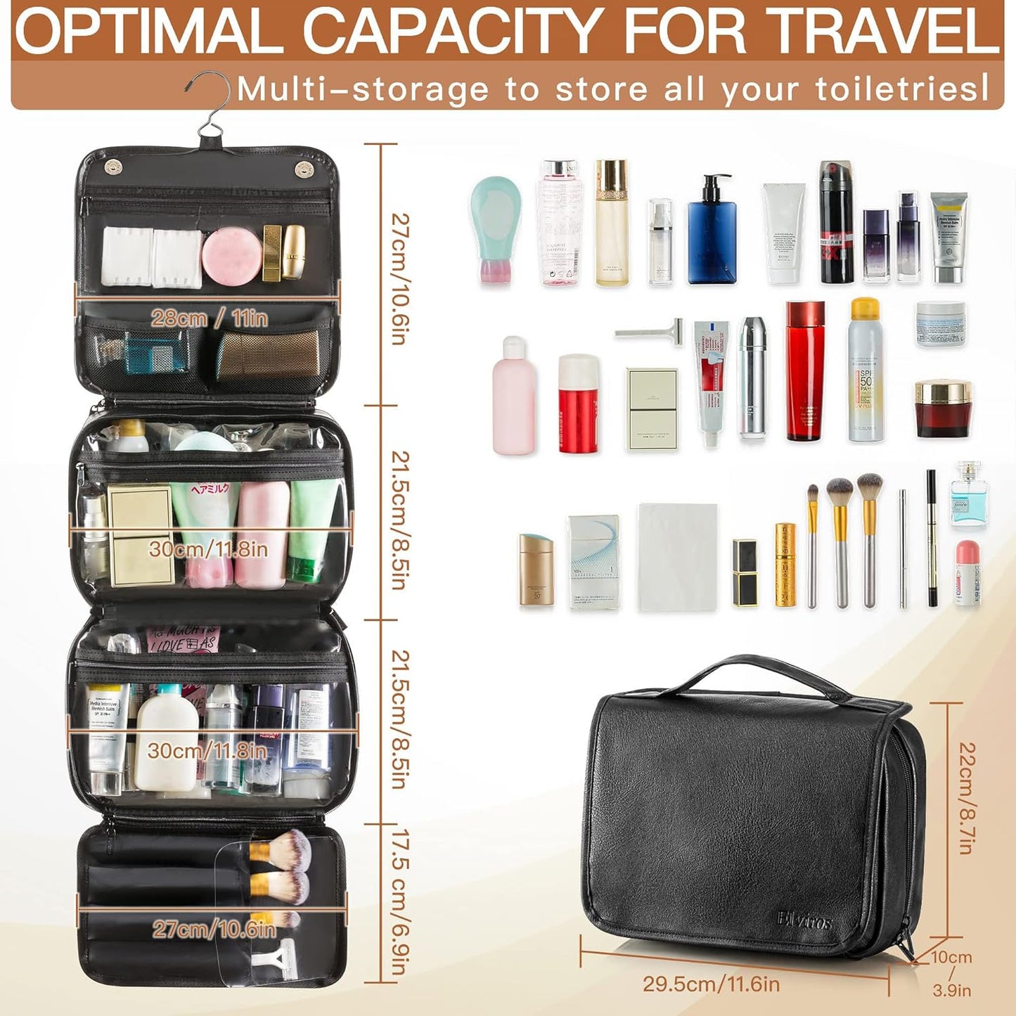 Elviros Hanging Toiletry Bag Removable Travel Bag PU leather Makeup Cosmetic Organizer Kit, Black