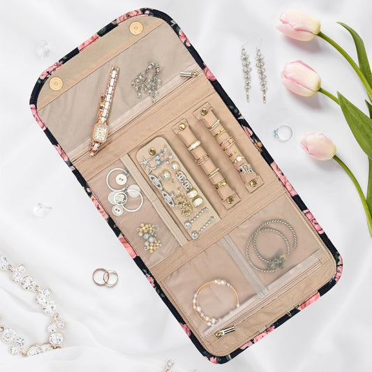 Pavilia Foldable Jewelry Organizer - Travel Roll Bag with Compartments for Earrings, Rings, Necklaces, Bracelets - Packing Accessory