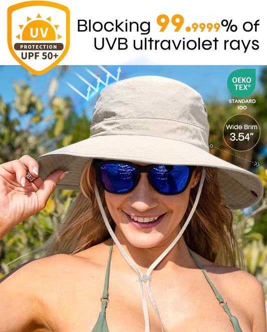 FURTALK Sun Hats for Women Ponytail UPF 50+ Beach Summer Hat Wide Brim Packable Cowboy Hat