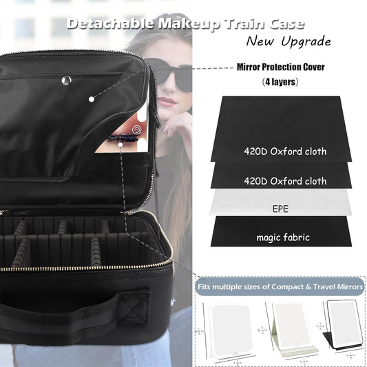 MOMIRA Travel Makeup Bag Cosmetic Bag Makeup Organizer Bag with Lighted Mirror, Adjustable Brightness in 3 Color Scenarios, Waterproof Makeup Train Case, Gift for Women - Woven black