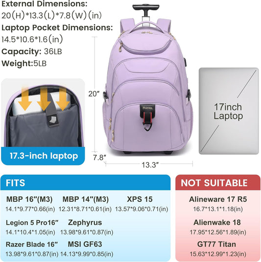 Boavan Rolling Backpack for Women, 17.3 Inch Wheeled Laptop Backpack,Large Travel CarryOn Bag for Teachers College Students, USB Charging Port Waterproof Business for Airplane Overnight Luggage,Purple