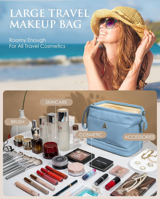 Makeup Bag for Women, Personalized Double Layer Cosmetic Bag with Makeup Brush Organizer, Waterproof, Large Capacity PU Leather Travel Toiletry Bag Gift Gift for Mom,Personalized Gifts