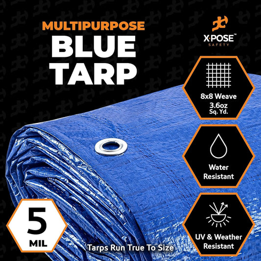 Better Blue Poly Tarp 12' x 12' - Multipurpose Protective Cover - Lightweight, Durable, Waterproof, Weather Proof - 5 Mil Thick Polyethylene - by Xpose Safety
