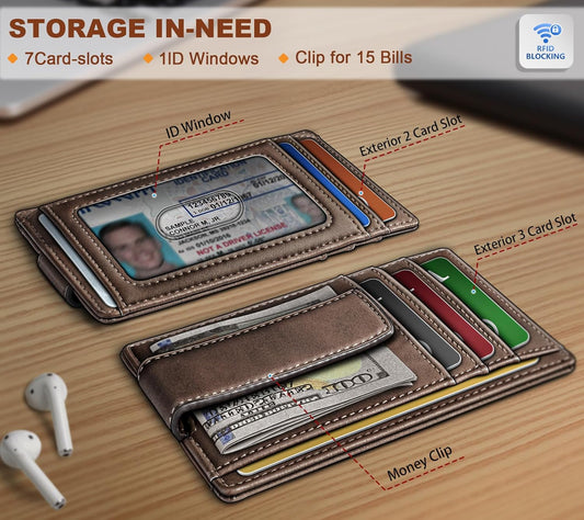 BULLIANT Men Wallet,Slim Leather Wallet Money Clip Card Hodler For Men Gift 8 Cards RFID Blocking
