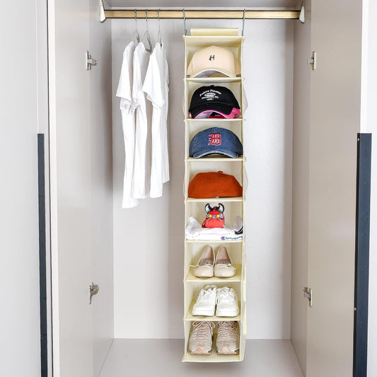 Hanging Shoe Organizer for Closet with Side Mesh Pockets,Hat Racks for Baseball Caps,Shoe and Hat Holder & Storage,8-Shelf,Beige,2 Pack