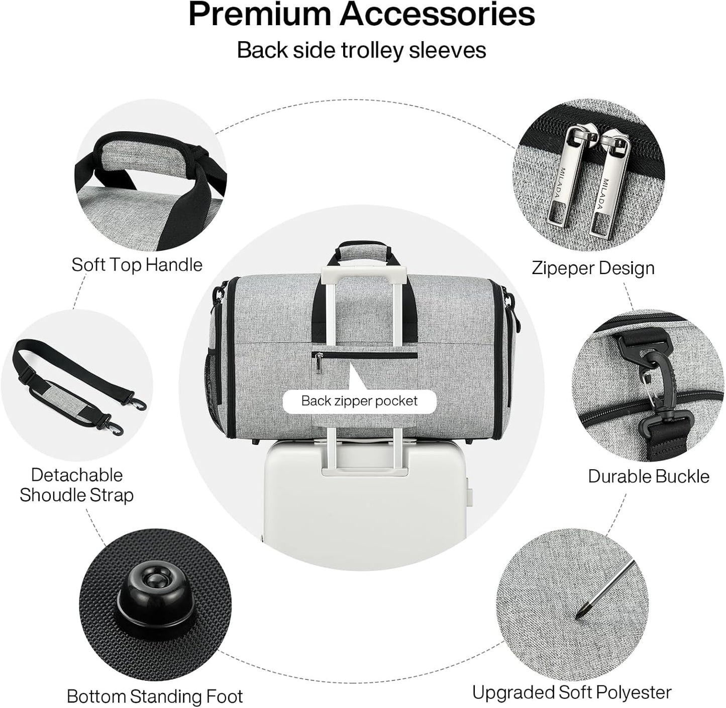 MILADA Convertible 2-in-1 Garment Duffel Weekender Bag Carry On Garment Bags for Travel Hanging Clothes Suit Bag Foldable Personal Item Business Overnight Bag with Shoe Compartment, Light Grey