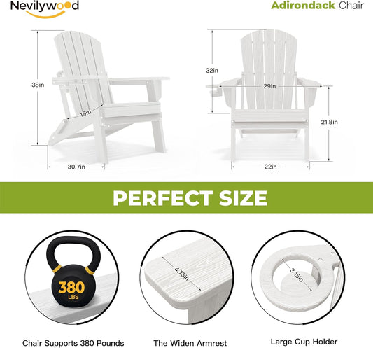 Folding Adirondack Chair - Extended Ergonomic Backrest, Cup Holder - Easy Assembly - Durable HDPE Plastic, Weather Resistant & Maintenance-Free - Lawn, Patio, Deck Supports 380lbs White