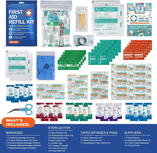 90 Pieces First Aid Refill Kit - Wound Care Kit Includes Bandages for Home, Travel, Hiking - Portable Replacement Kit for First Aid Medical Supplies(1 Set)