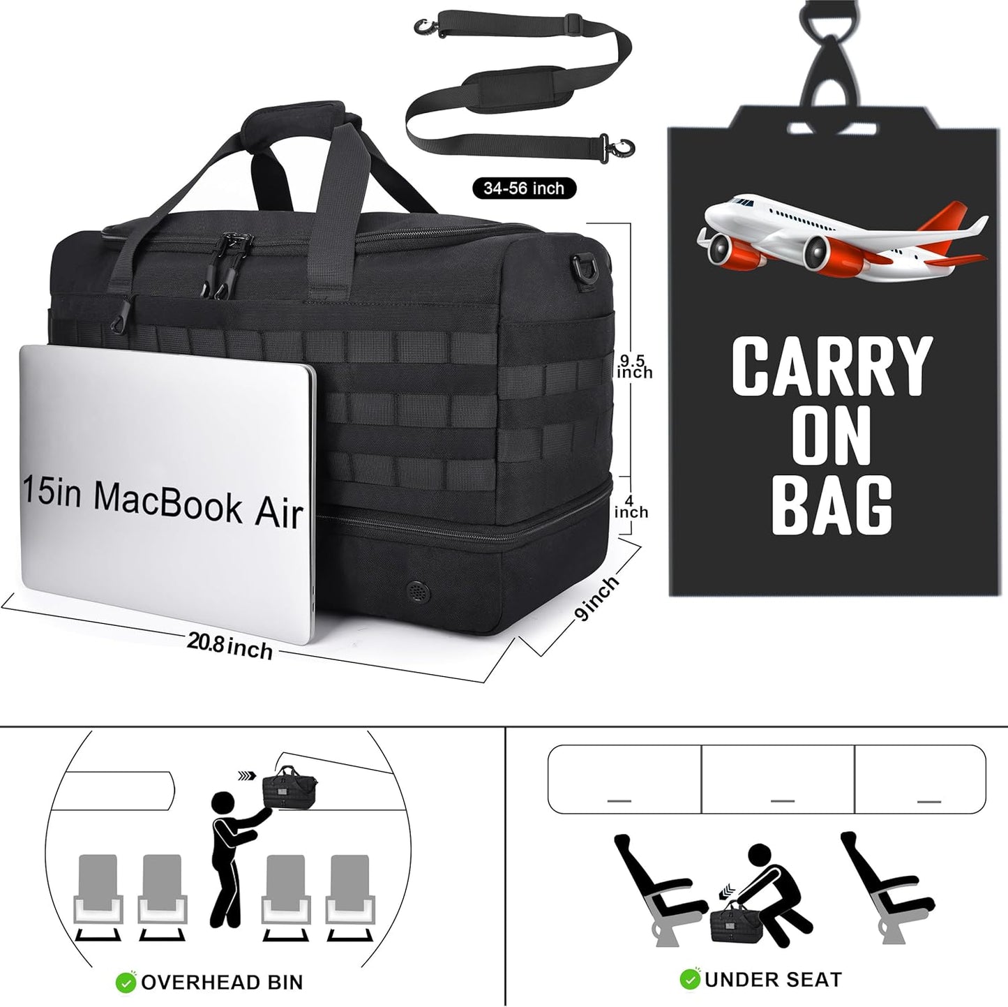 MOZETO Mens Travel Duffel Bag with Compartments, Tactical Inspired GYM Work Police Duty Law Enforcement Carry-on Bag with YKK Zippers Anti-Theft RFID Blocking Wet-Dry Separated Compartment