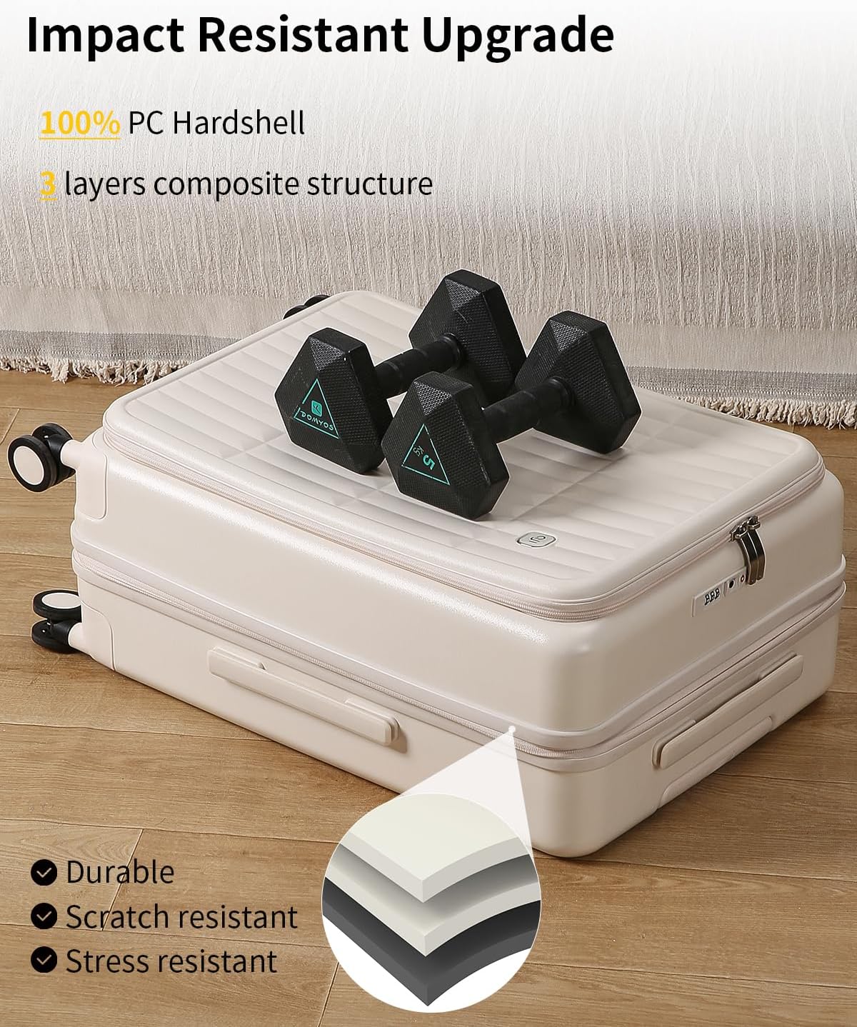 aji Expandable Top Open 24 Inch Checked Luggage with Spinner Wheels, Large Suitcase with TSA Lock, Hardside Travel Luggage Suitcases for Men Women, for 14+Days Travel, Coconut White