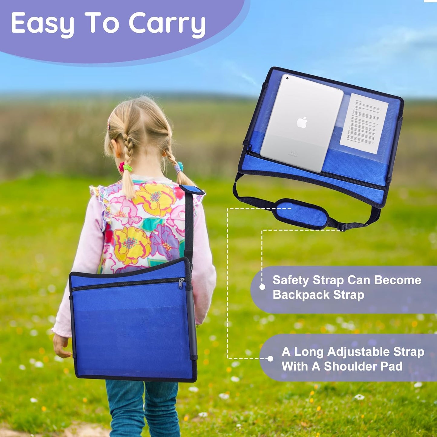 2Pcs Kids Travel Tray, Kids Travel Trays for Car Seat, Road Trip Essentials for Toddler, Carseat Lap Tray with Dry Erase Board & Storage Organizer for Road Trip Activities for Kid, Blue