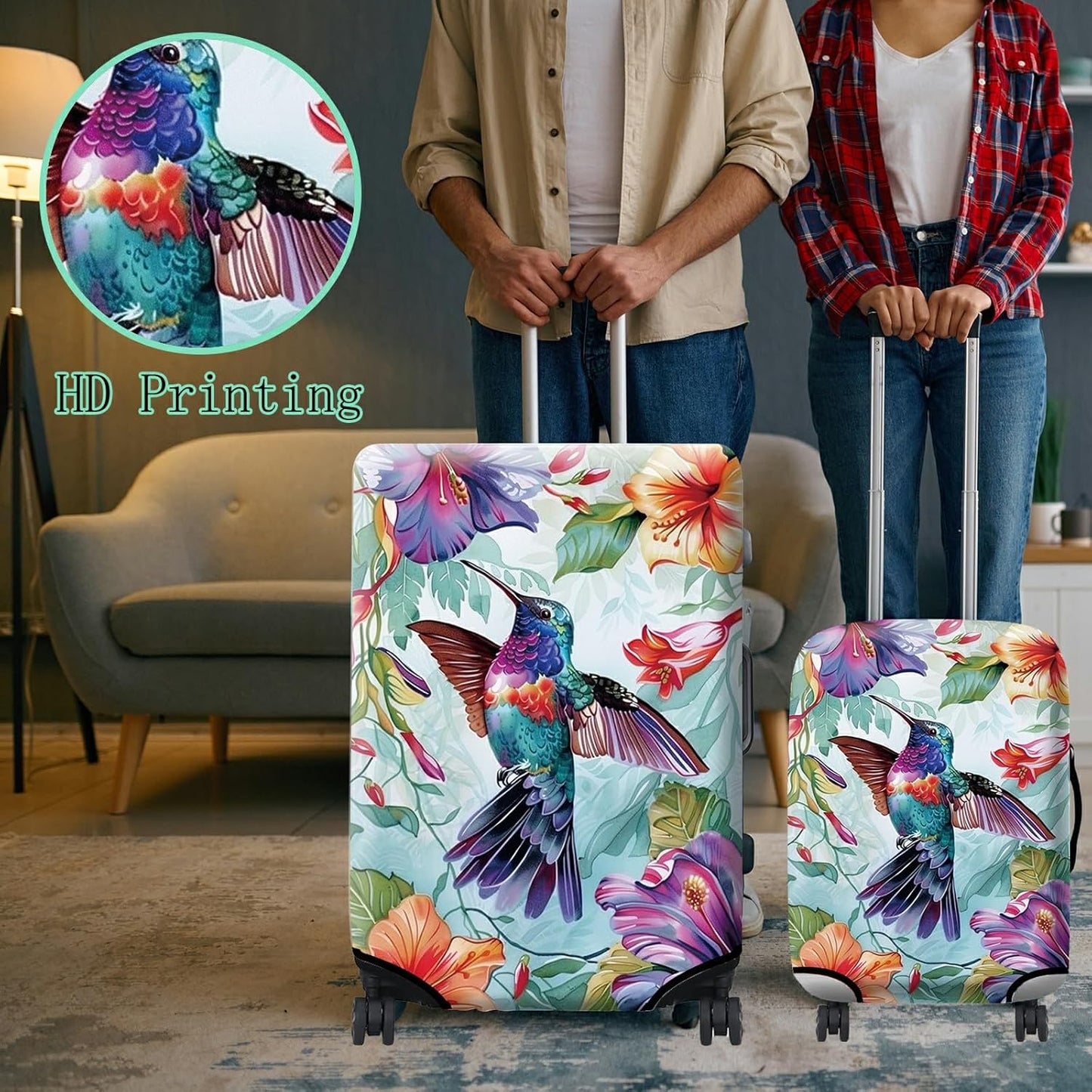 Luggage Cover Suitcase Protector + Tag, Hummingbirds Travel Cover for 22-24 inch Luggage (M), Concealed Zipper, Washable, Elastic, Dustproof, Anti-Scratch