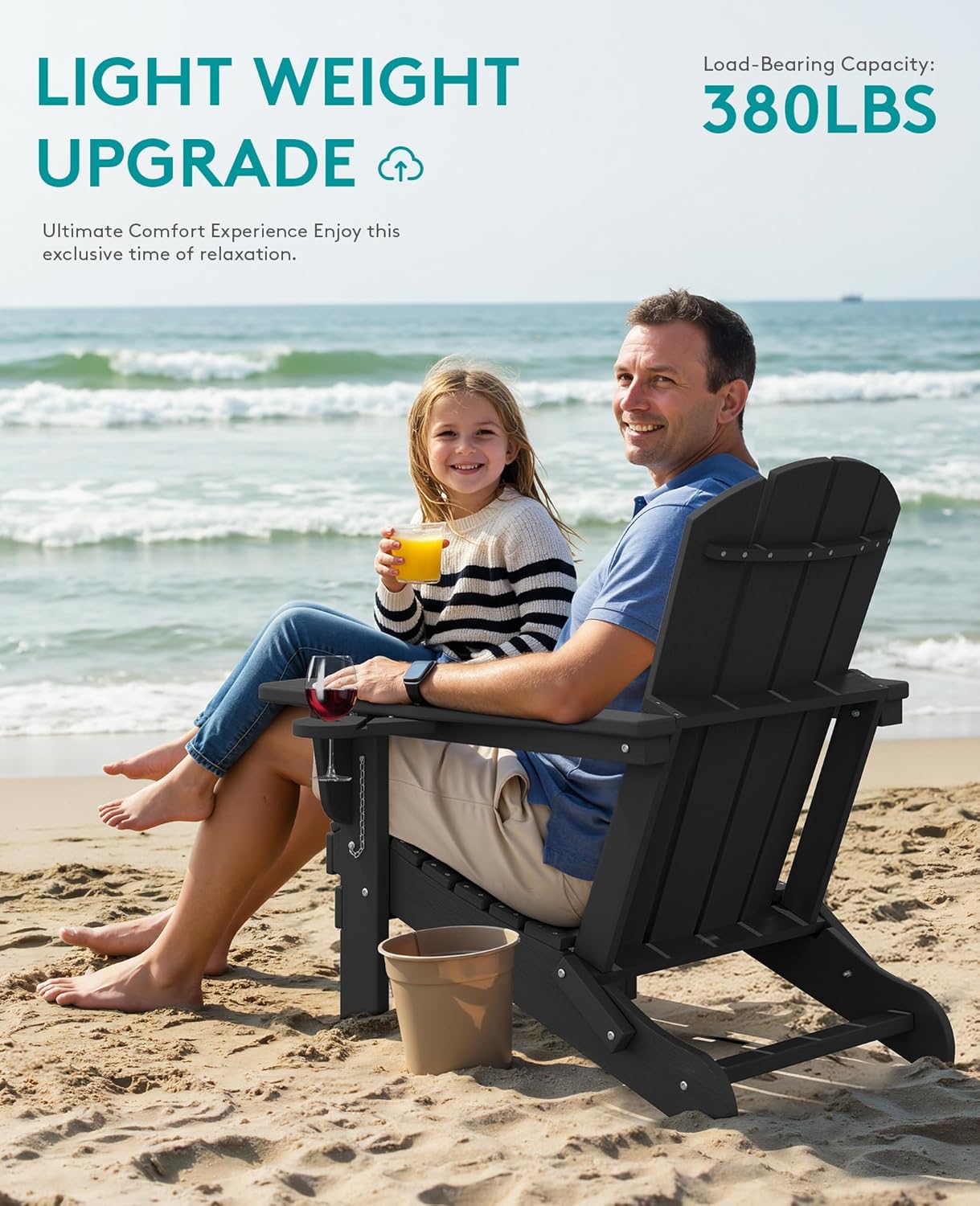 SERWALL Folding Adirondack Chair, Dual Cup Holders & All-Weather HDPE, Wood-Like Patio Chair for Backyard, Camping,Pool & Fire Pit- Black