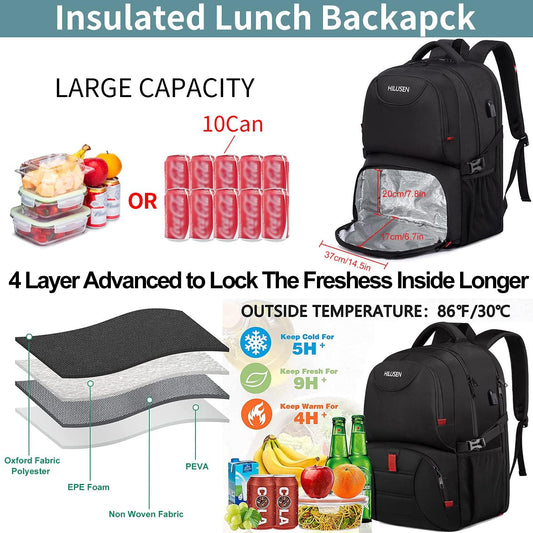 HILUSEN Extra Large Backpack for Men 50L, Insulated Cooler Lunch Box Backpack, Water Resistant 17inch Travel Laptop Work Bookbag with USB Charging Port,Black