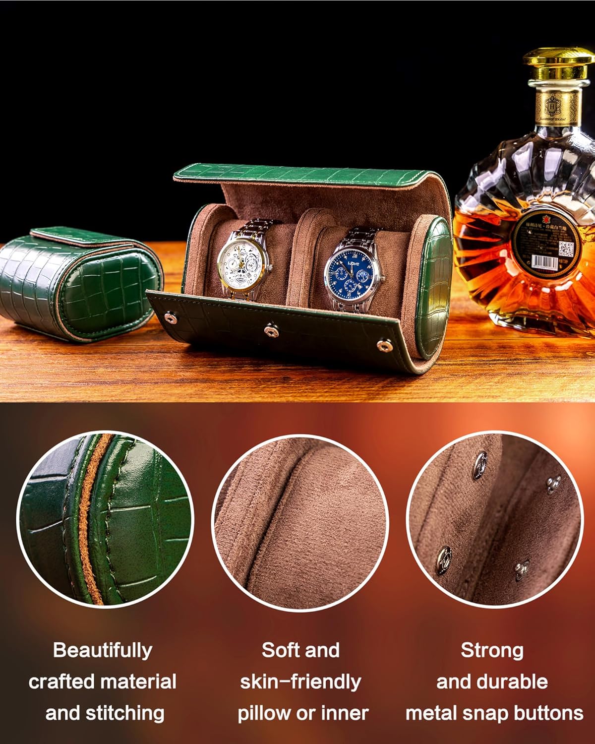 MR.OKAY 2 Watch Travel Case-Classic Leather Watch Case With Superb Texture.(Portable Watch Roll Or Organizer For Storage And Display).Festival Gift For Men, All Handcrafted By Artisans.