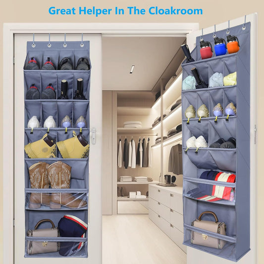 Over The Door Shoe Organizer with Large Deep Pockets Hanging Multifunction Shoe Holder for Narrow Door Dorm Closet, Grey 16 Pockets