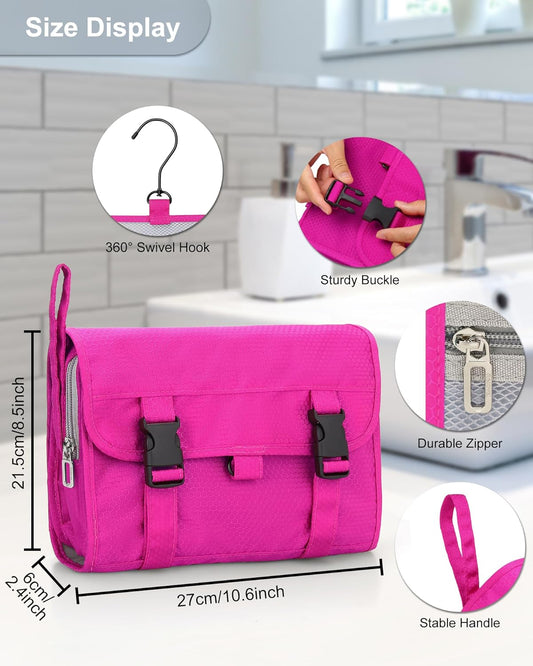 Relavel HangingTravel Toiletry Bag for Women, Large Capacity Toiletries Bag, Travel Essentials Organizer, Hanging Makeup Case for Accessories, Waterproof Bathroom Shower Bag (hot pink)