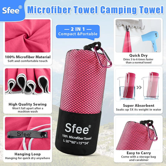 Sfee 2 Pack Microfiber Travel Towel, Quick Dry Towel Camping Towel Super Absorbent Compact Lightweight Sports Swim Gym Beach Towels Set for Gym, Hiking, Pool, Backpacking, Bath, Yoga