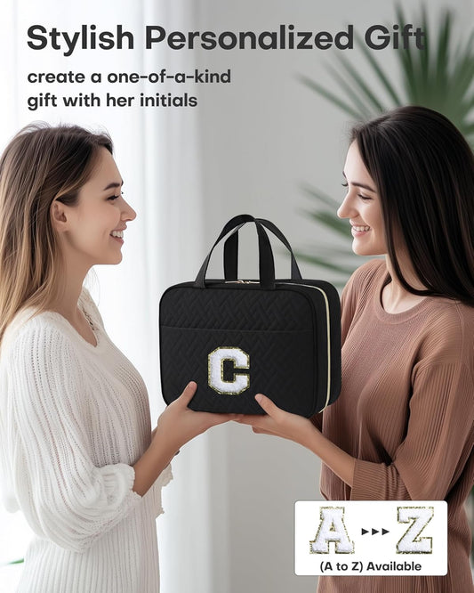 HOTOR Travel Toiletry Bag - Personalized Chenille Initial Makeup Bag, Water-Resistant Personalized Gifts for Women, Portable Travel Accessories & Essentials, Letter C, Black, 11.4"×9.0"×3.35"