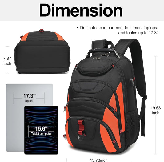 Boavan Laptop Backpack for men, 17.3 inch Laptop Bag with USB Port, Waterproof Travel Work Backpack Purse, Anti-Theft Teacher Nurse Doctor Casual Bookbags Office Business backpack,Black&Orange