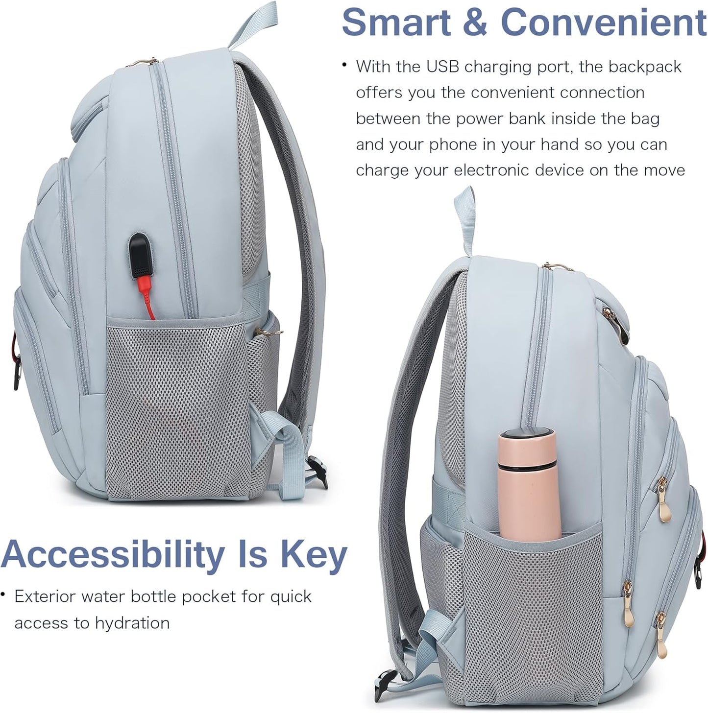Boavan Laptop Backpack for women, 15.6 inch Laptop Bag with USB Port, Waterproof Travel Work Backpack Purse, Anti-Theft Teacher Nurse Doctor Casual Bookbags Office Business backpack,Blue