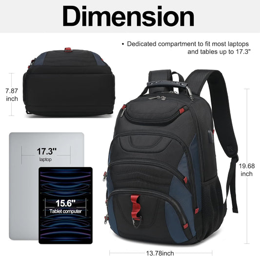 Boavan Laptop Backpack for men, 17.3 inch Laptop Bag with USB Port, Waterproof Travel Work Backpack Purse, Anti-Theft Teacher Nurse Doctor Casual Bookbags Office Business backpack,Black&Classic Navy