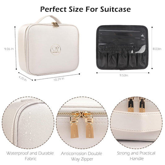MOMIRA Makeup Bag with Mirror and Light Travel Makeup Train Case Cosmetic Bag Organizer Portable Artist Storage Bag with Adjustable Dividers Makeup Brushes Storage Organizer Brilliant Creamy White