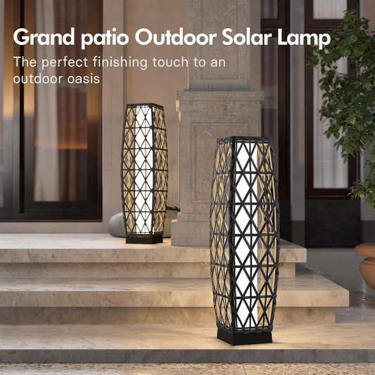 Grand patio 2-Piece Outdoor Solar-Powered Woven Wicker Lantern Floor Lamp Decoration for Deck Garden Lawn Porch - Medium Cindy, Silver Gray