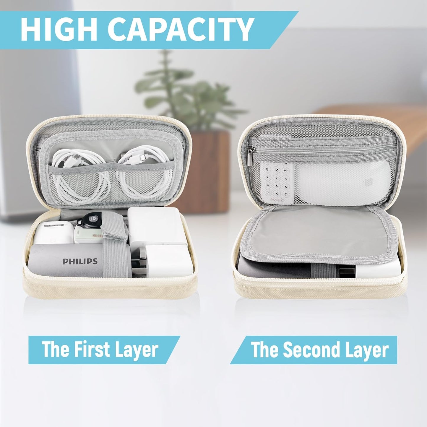 Electronics Travel Organizer,Portable Waterproof Electronic Travel Storage Bag for Small Charging Cord Storage,Charger,Small Electronics,SD Card,with 5 Cable Ties,for Travel,Business-Beige