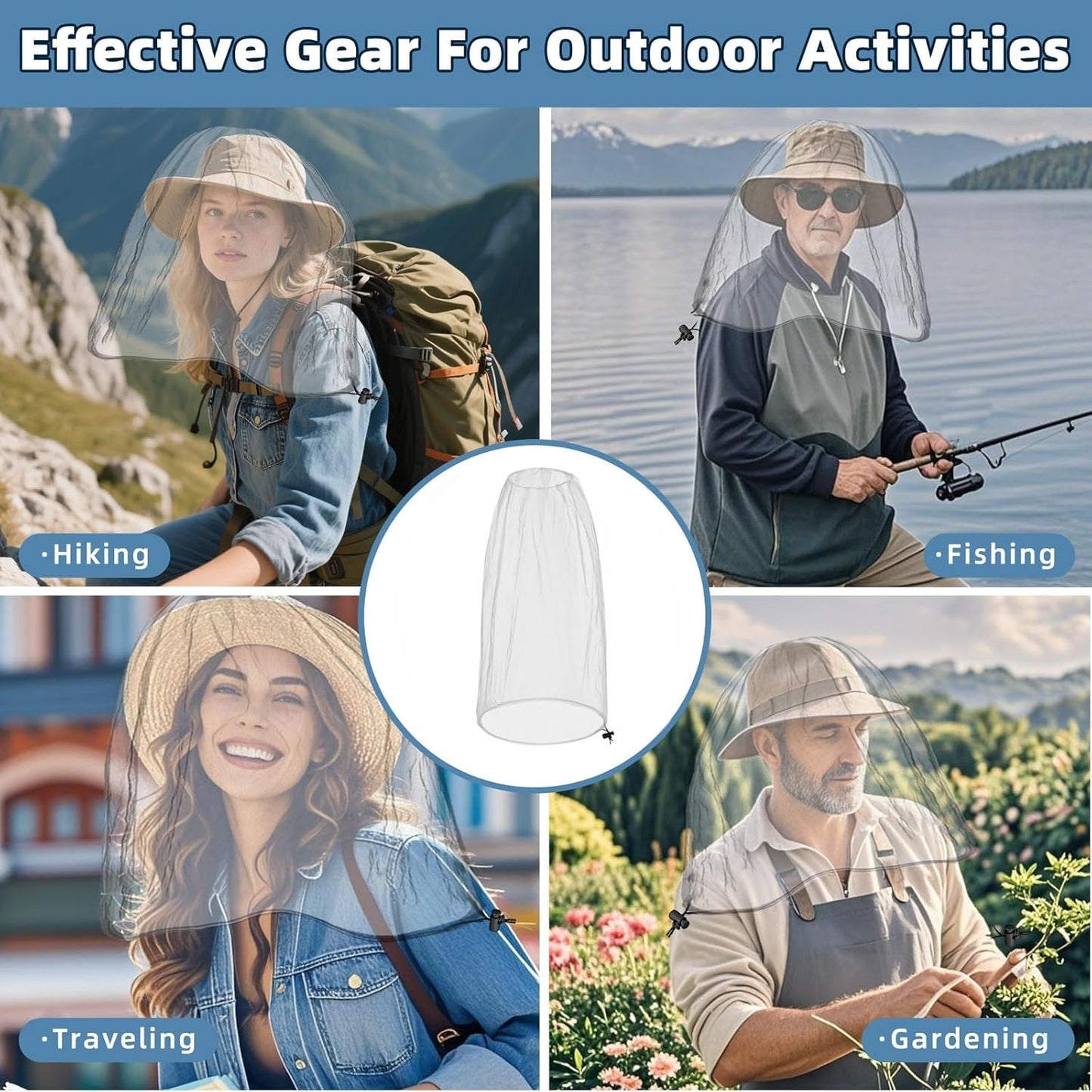 Oversized Mosquito Net 42 x 25 Inches Ultra Large Mosquito Head Net Face Neck Fly Mesh Netting Fits All Hats for Outdoor Camping Hiking Fishing Gardening Safari(Light Gray)