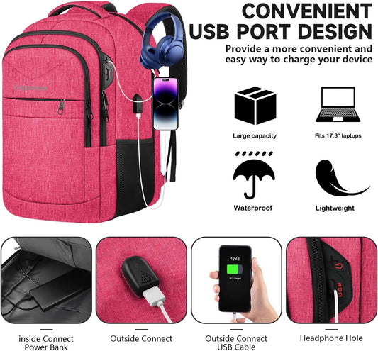 Lapsouno Extra Large Backpack, 17.3 Inch Travel Laptop Backpack, Water Resistant Casual Hiking Daypack, Computer Bag with USB Port, College School Business Carry on Rucksack for Women, Pink