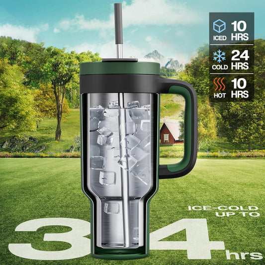 POWCAN 40 oz Tumbler with Handle, 2-in-1 Straw and Sip Lid, Leakproof, Dishwasher Safe, Insulated Stainless Steel Travel Coffee Mug, Keeps Cold for 34 Hours, Fits in Car Cup Holder (Forest)