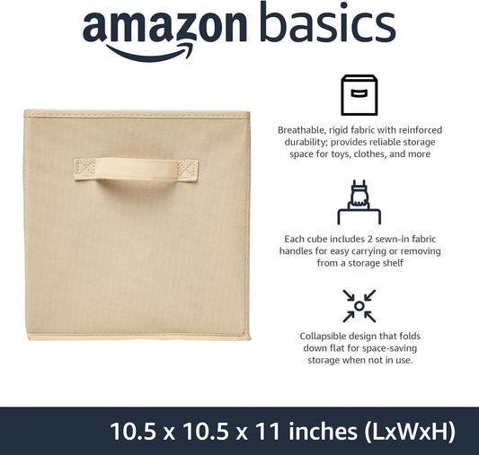 Amazon Basics Collapsible Fabric Storage Cubes Organizer with Handles, Sturdy, Beige, 10.5-x-10.5-x-11-inch, Pack of 6