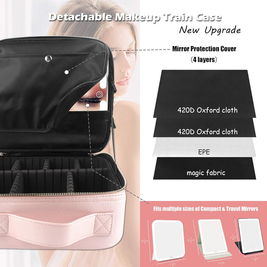 MOMIRA Travel Makeup Bag Cosmetic Bag with Lighted Mirror, Adjustable Brightness in 3 Color Scenarios, Waterproof, 10x Magnifying Mirror, Rotatable Independent Light Mirror- Phosphor(Solid)