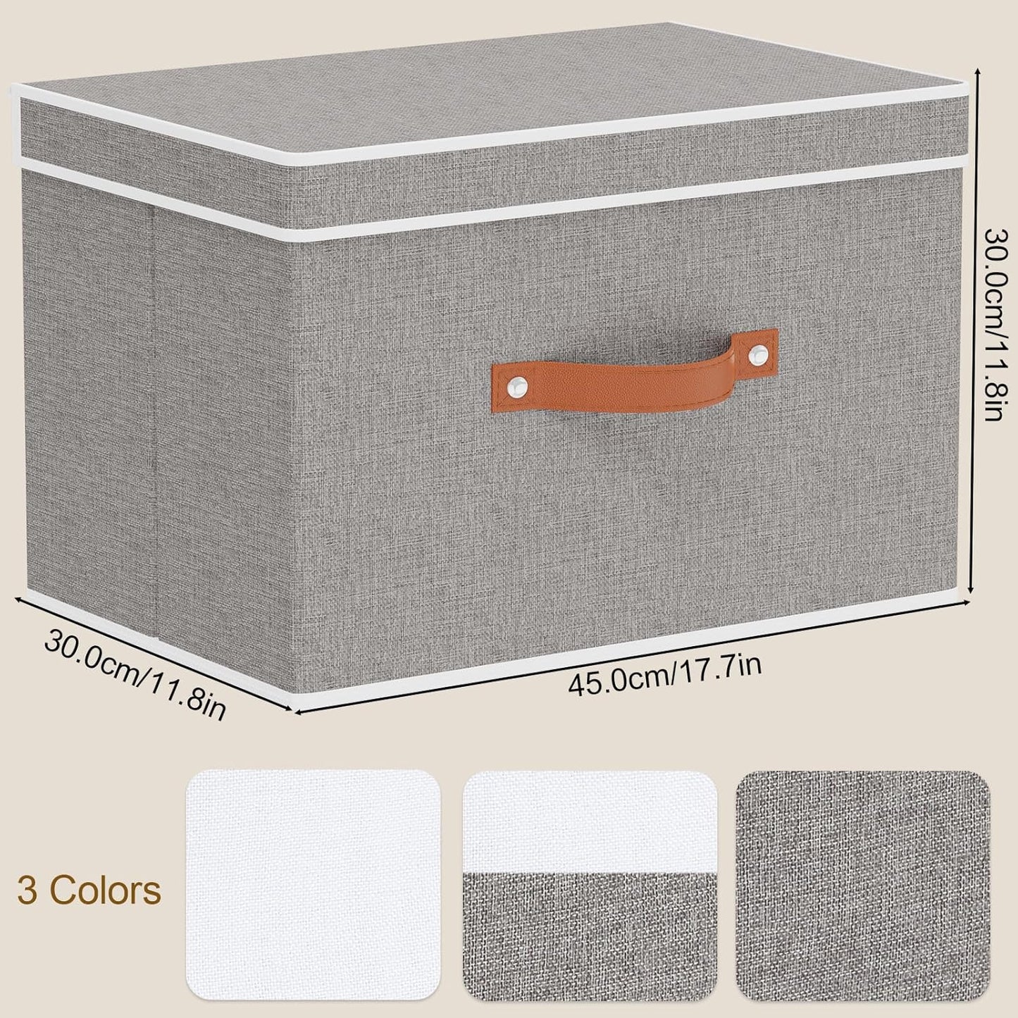 Collapsible Storage Bins with Lids, Linen Foldable Cloth Baskets, 17.7 x 11.8 x 11.8 Inch Closet Organizer Containers with Double Handles, Sweater Boxes for Bedroom, Grey, 3 Pack
