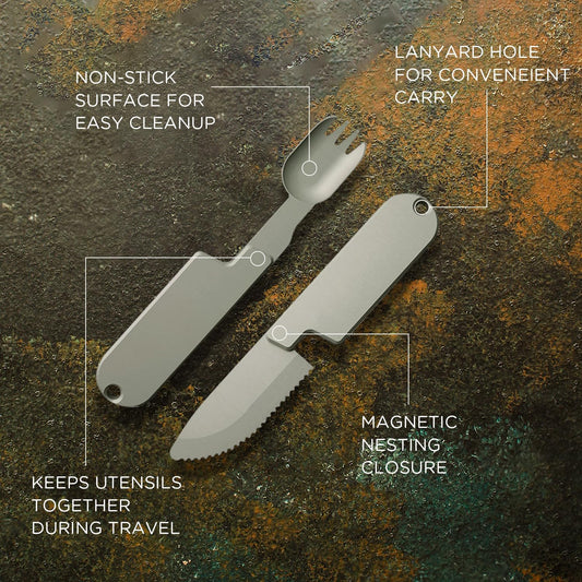 Kopak 2 in 1 Camping Eating Utensils Set,Reusable Magnetic Camping Utensils Set,Portable Detachable Pocket Combination Knife,Fork and Spoon Tool for Fishing Travel Outdoor Survival