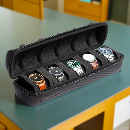 Hard Watch Travel Case, 5 slot Watch Roll Case Storage and Organizer for Men and Women, with anti-move watch pillow