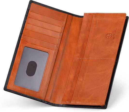 VISOUL Mens Leather Long Bi-fold Checkbook RFID Blocking Wallets, Breast Pocket Tall Billfold Secretary Wallet for Men with 12 Card Slots (Black and Orange)