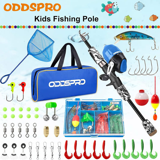 ODDSPRO Kids Fishing Pole Pink, Portable Telescopic Fishing Rod and Reel Combo Kit - with Spincast Fishing Reel Tackle Box for Girls, Youth