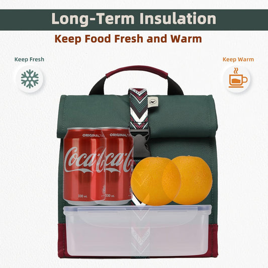 SUNNY BIRD Insulated Lunch Bag Rolltop Lunch Box Tote Bag for Women, Men, Adults and Teens (Green with Boho strap)