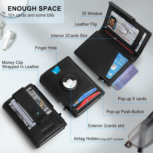 Airtag Wallet for Men,with Money Clip 10 Cards Metal Case Smart Slim Pop Up Credit Card Holder Flip with Magnetic Closure RFID Blocking wallet with Gift Box