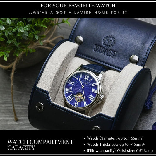 Blue/Ivory - 1 Watch Travel Case for Men - Single Watch Case Storage - Gift Idea Travel Accessory - Midnight Blue/Ivory - Mirage Watch Roll Cases Vegan Leather