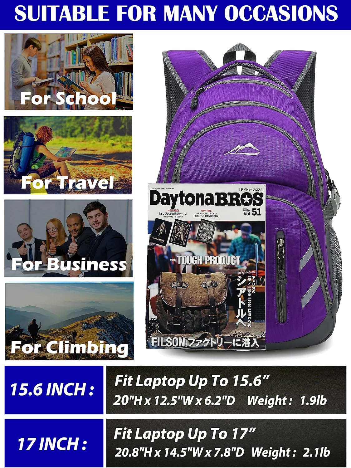 ProEtrade Backpack Bookbag for College Laptop Travel, Fit Laptop Up to 15.6 inch with USB Charging Port Multi Compartment Anti theft, Gift for Women Men (Purple)