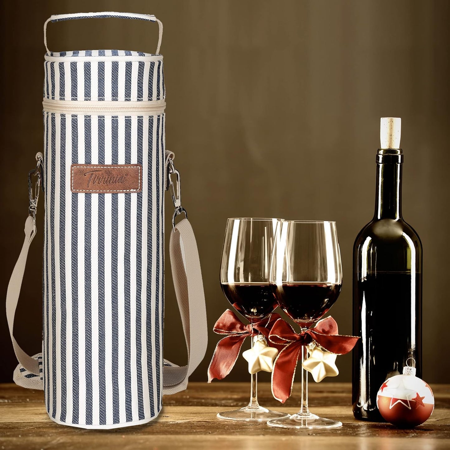 Tirrinia Single Wine Cooler Bags - Insulated & Padded Portable Wine Gift Tote Carrier for Travel, BYOB Restaurant, Wine Tasting, Party, Great Gift for Wine Lover, Blue Stripe