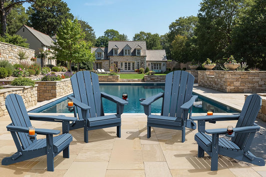 SERWALL Folding Adirondack Chair, Dual Cup Holders & All-Weather HDPE, Wood-Like Patio Chair for Backyard, Camping,Pool & Fire Pit- Navy