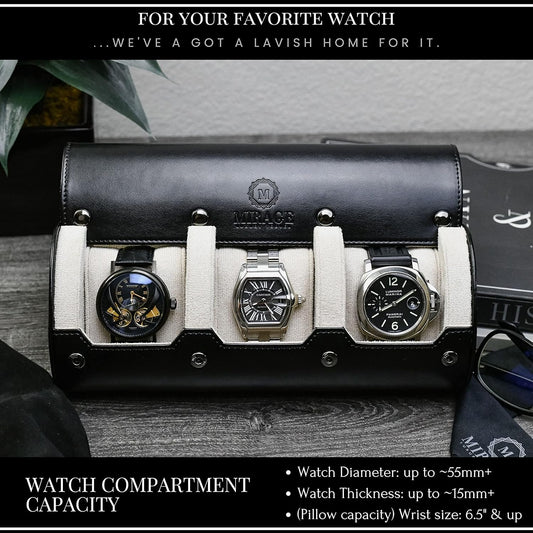 Watch Roll Cases for Men - Watch Travel Case - Storage and Display 3 slots - Jade Black/Ivory White interior Vegan Leather